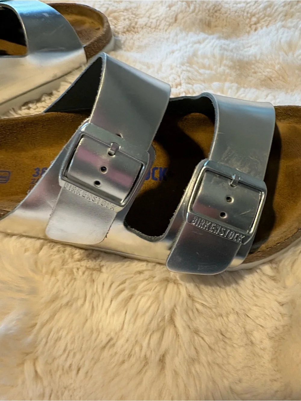 Birkenstock Metallic Silver Two-Strap Sandals - Shiny Silver